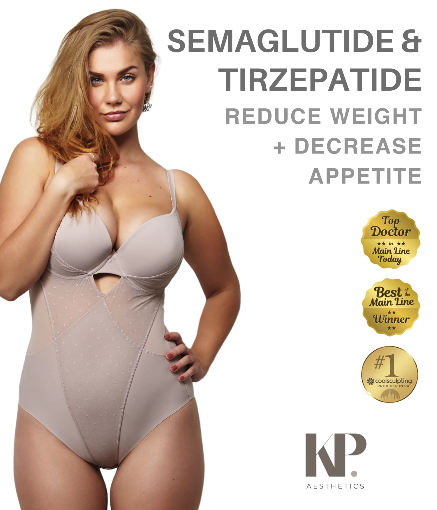 An attractive plus size female promoting weight loss injections offered in Newtown Square, PA.